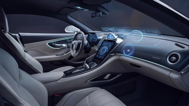Fahrerloses Auto-Interior mit futuristischem Armaturenbrett für autonomes Steuerungssystem