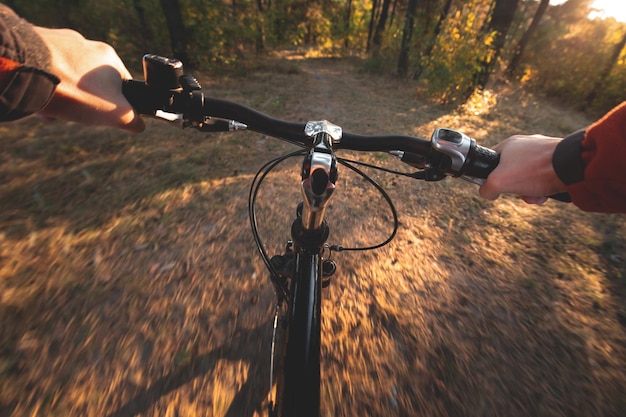 Fahrrad fahren in der Ich-Perspektive Fahrrad fahren im herbstlichen Wald