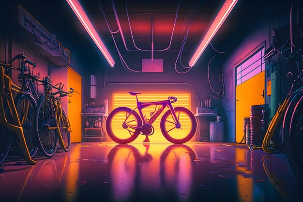 Fahrrad in einer Neongarage. Neuronales Netzwerk KI generiert