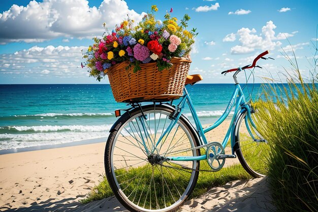 Fahrrad mit einem Blumenkorb an der Meeresküste auf weißem Sand