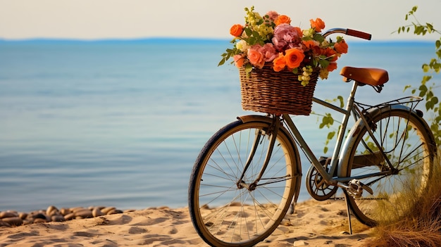 Fahrrad mit gelbem Blumenkorb am Meer