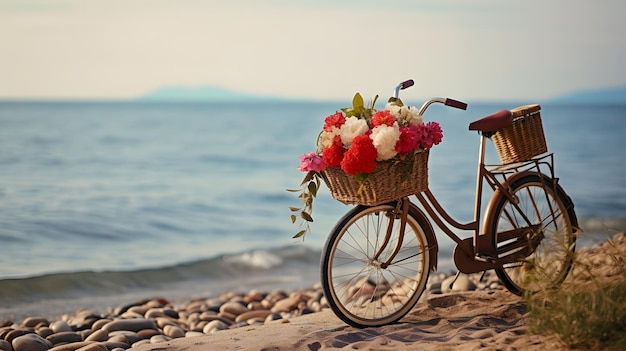 Fahrrad mit gelbem Blumenkorb am Meer