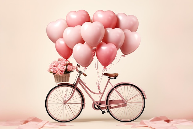 Fahrrad mit rosa Ballon, geschmückt für den Valentinstag