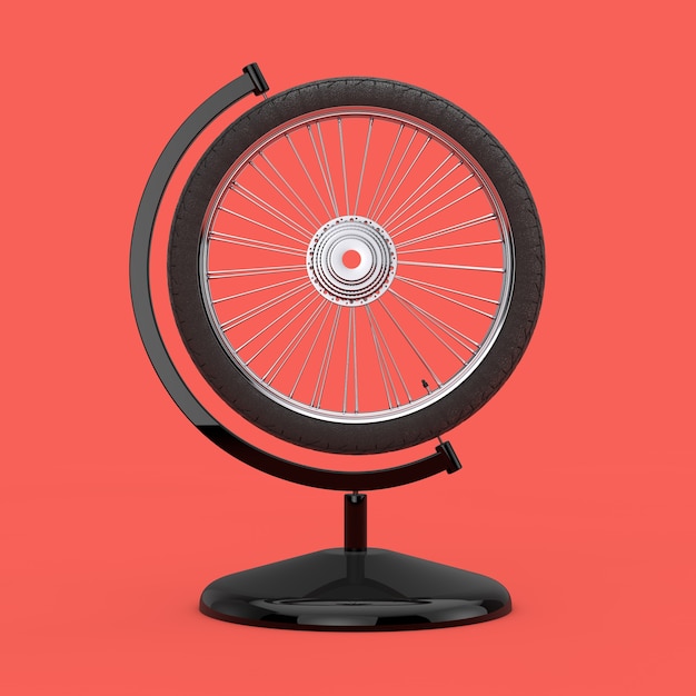 Fahrrad-Rad in Form der Erdkugel auf rosa Hintergrund. 3D-Rendering