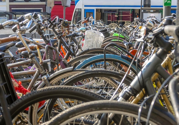 Fahrradparken an einem sonnigen Tag auf einer Straße in Amsterdam. Viele Fahrräder und Straßenbahn im Hintergrund