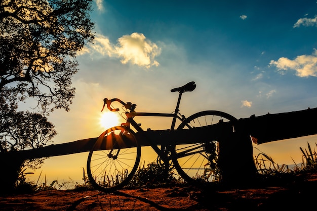 Fahrradschattenbild auf Sonnenunterganghimmelhintergrund