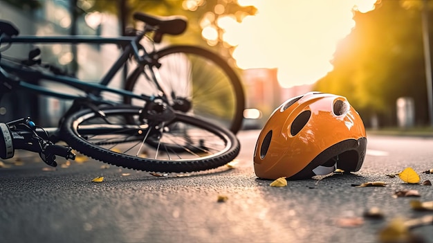 Fahrradsicherheitshelm stürzt nach einem Unfall auf der Straße ab und bricht
