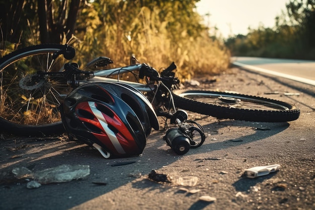 Fahrradunfall auf der Straße Selektiver Fokus auf den Helm Fahrradunfall Verkehrsunfall mit kaputtem Fahrrad und kaputtem Helm KI-generiert