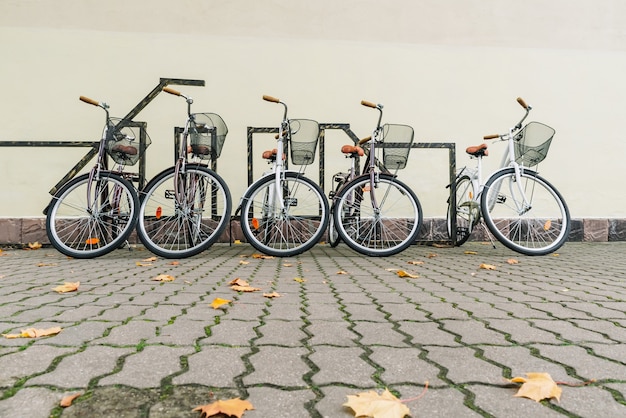 Fahrräder auf dem Hintergrund einer hellen Wand.