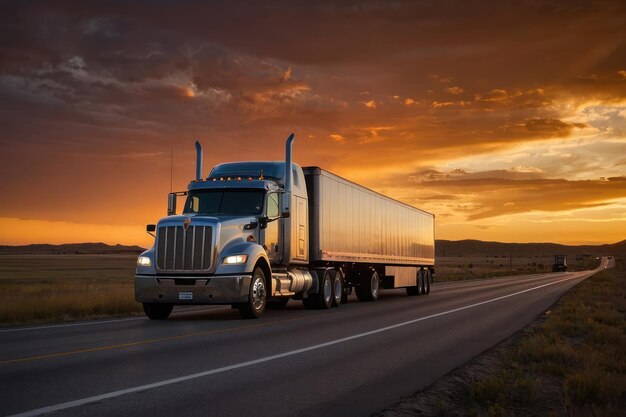 Fahrt eines LKW bei Sonnenuntergang