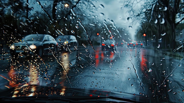 Fahrt im Regen vor der Windschutzscheibe