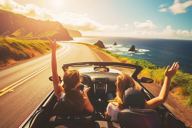 Foto fahrt mit dem auto urlaub glückliches paar fährt mit dem cabriolet auf der sommerreise waffen auf und amüsiert sich summe