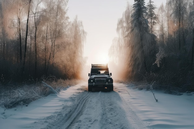 Fahrzeug auf einer schneebedeckten Straße im Winter