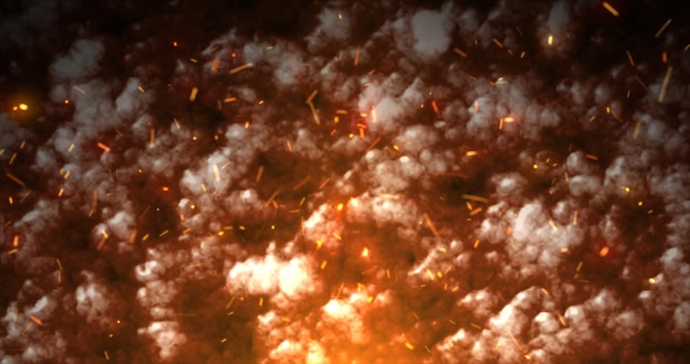 Foto faíscas de fogo laranja abstratas e fumaça de uma fogueira com fundo abstrato de fogo