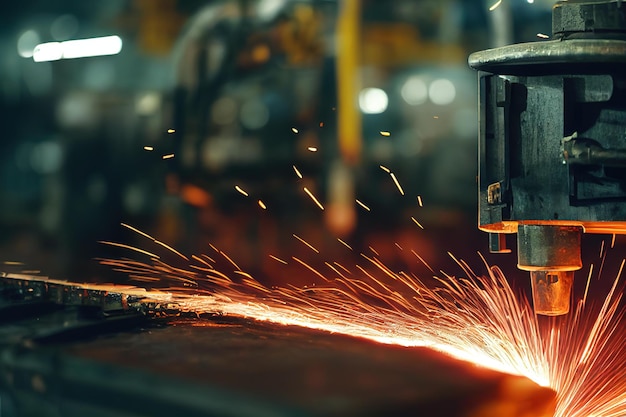 Faíscas voando debaixo da máquina durante o processamento de metal na fábrica criada com generat