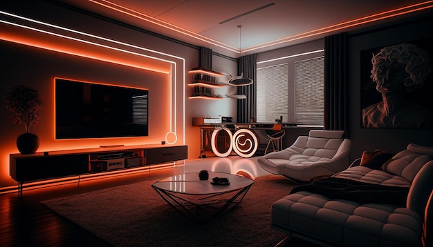 Faixas de LED iluminam uma área de estar moderna e confortável Generative AI