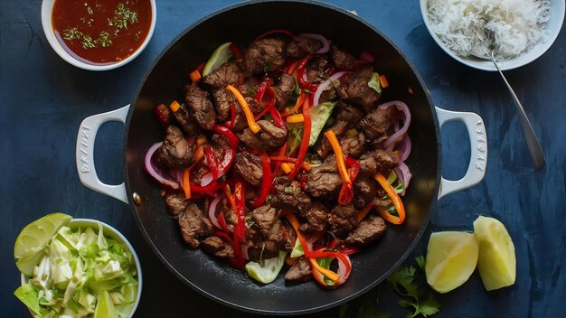 Foto fajitas de carne en una sartén con salsas comida mexicana