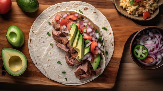 Fajitas de bife com cebola de pimenta e abacate