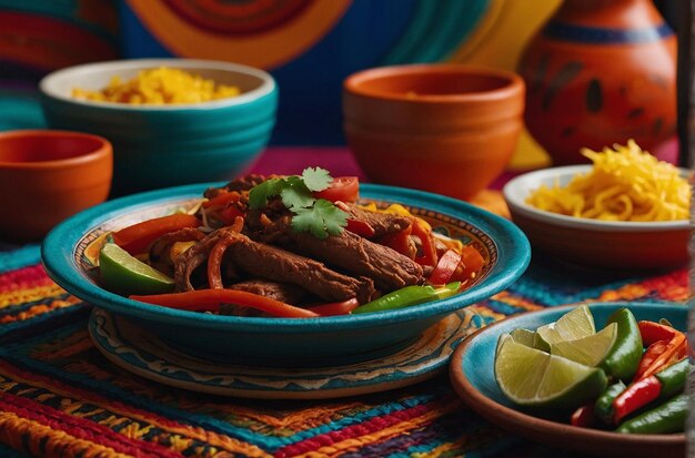 Foto fajitas hermosamente dispuestas en platos de colores