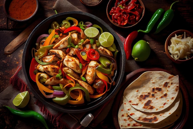 Fajitas mexicanas de frango em frigideira de ferro com pimentas Generative Ai