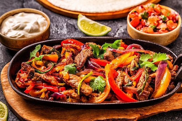 FAJITAS mit buntem Paprika und Zwiebeln serviert mit Tortillas