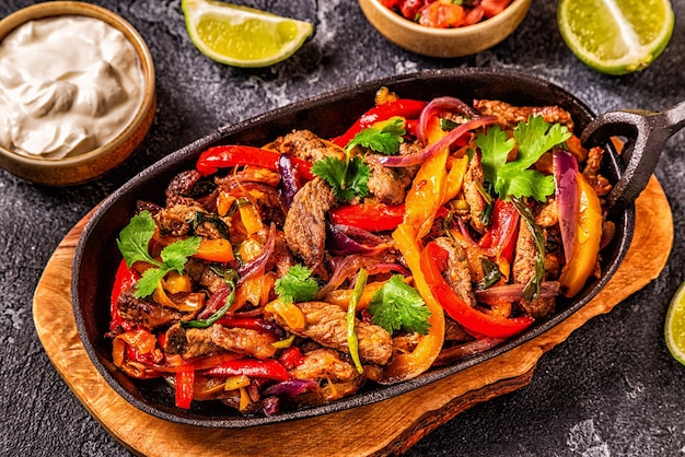 FAJITAS mit buntem Paprika und Zwiebeln serviert mit Tortillas