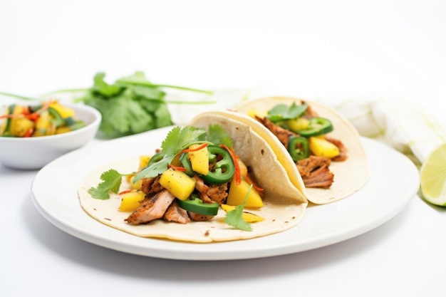 Fajitas picantes de cerdo con piña y cilantro en un plato blanco