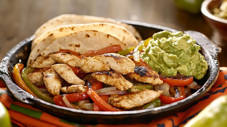 Fajitas de pollo con guacamole y tortillas