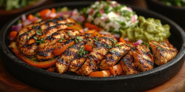 Fajitas de pollo a la parrilla con pimientos y cebollas de guacamole