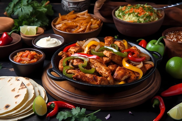 fajitas de pollo en una sartén con chile