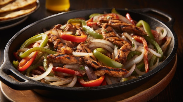 Fajitas en la sartén, cebollas y pimientos