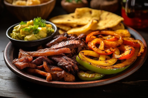 Fajitas servidas com um lado de guacamole picante de habanerolime