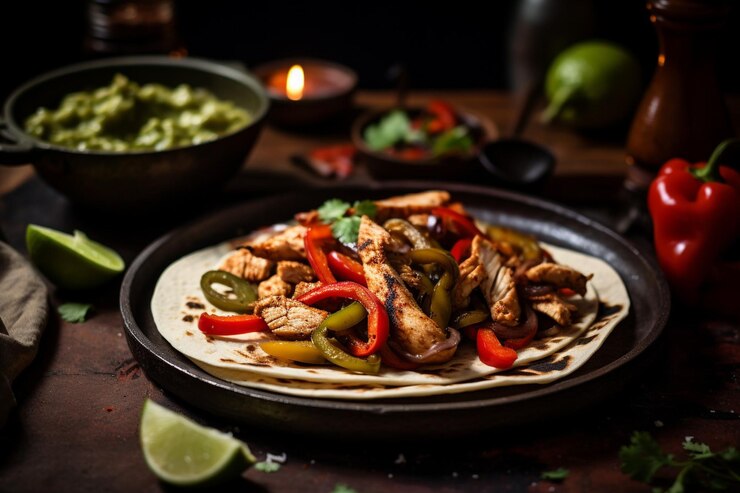 Foto fajitas servidas com um lado de guacamole picante de habanerolime