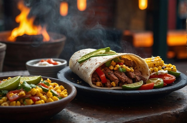 Fajitas servidas com um lado de milho de rua mexicano