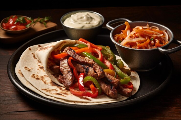 Foto fajitas servidas com um lado de molho chipotle picante