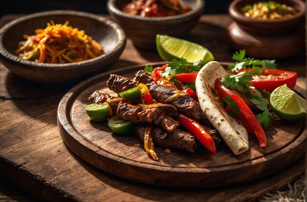 Fajitas servidas em um prato ou bandeja de madeira rústica