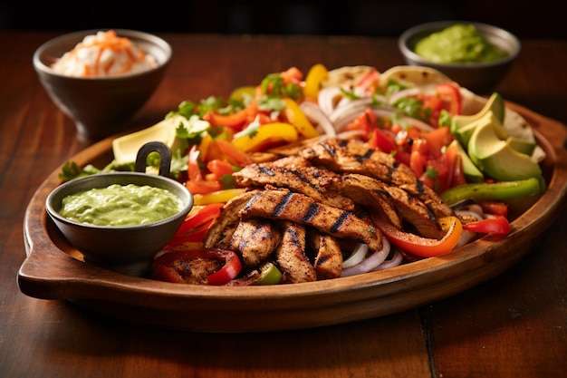 Fajitas servidas con un lado de salsa chipotle picante