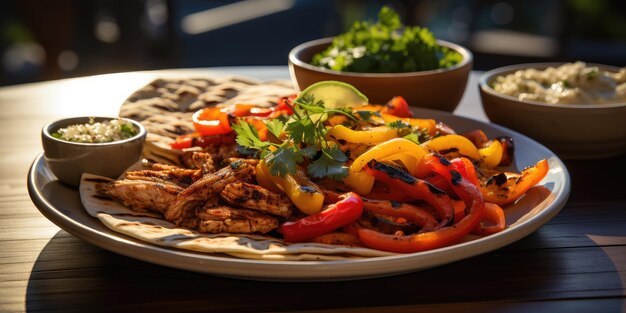 Fajitas con verduras un plato de comida con carne y verduras en una mesa