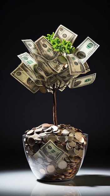 un fajo de dinero con un árbol al fondo