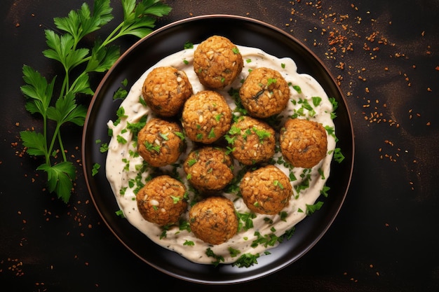 Falafel de grão-de-bico tentador Uma delícia deliciosa com molho de tahini cremoso