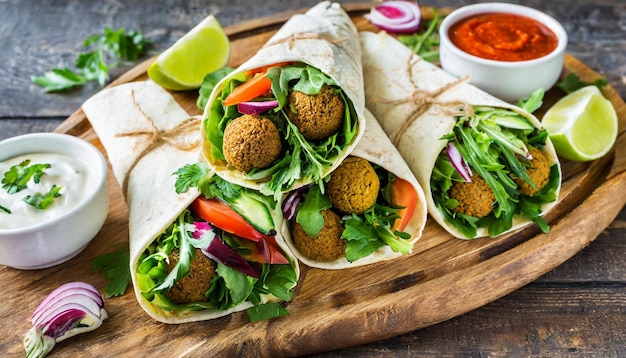 Falafel envuelto con verduras verduras y salsa servido en tabla de madera comida sabrosa