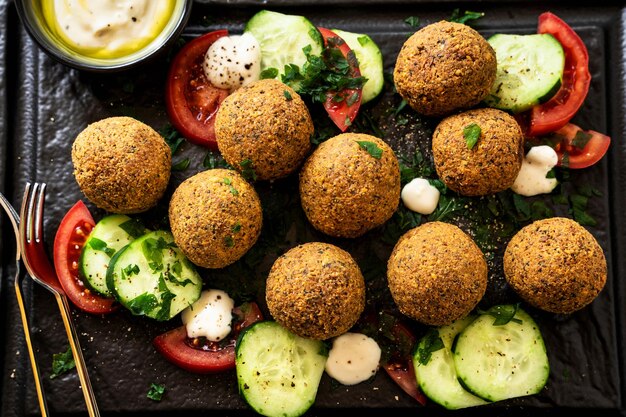 Falafel frito em óleo com salada de pepinotomate e iogurte com azeite