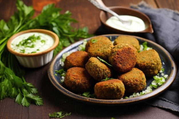 Falafel a la mitad en un plato de cerámica