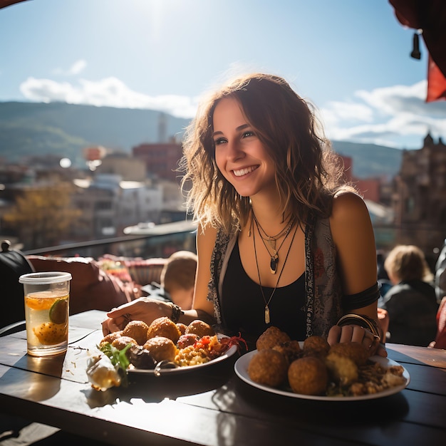 un falafel perfecto y delicioso Una joven blanca colombiana comiendo falafel