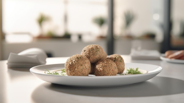 Falafel en un plato blanco sobre una mesa en un Falafel en un plato blanco sobre una mesa en un restaurante