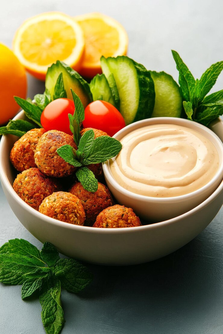Foto falafel con tahini y hierbas frescas en un tazon acompañado de verduras y frutas