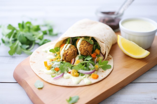 Foto falafel-wrap mit cremiger knoblauchsauce