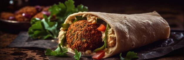 Falafel Wrap On Stone Rustic Pub Wide Panoramic Generative AI