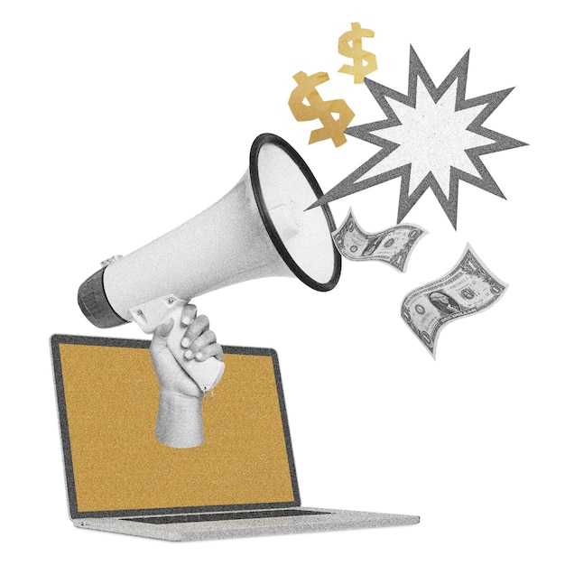 Falante e laptop png conceito de engajamento em mídias sociais elemento de colagem em fundo transparente