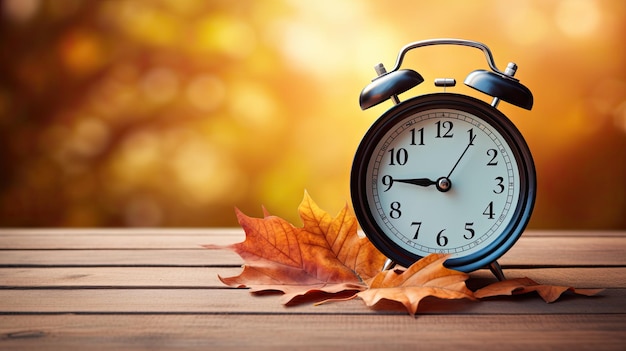 Fall Back in Time con el concepto de reloj de verano y las hojas de otoño en una mesa de madera